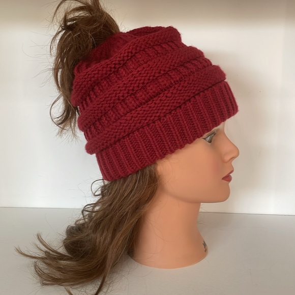 C.C. Exclusives Dark Red Maroon Color Knit Beanie with Ponytail Opening - Picture 2 of 11